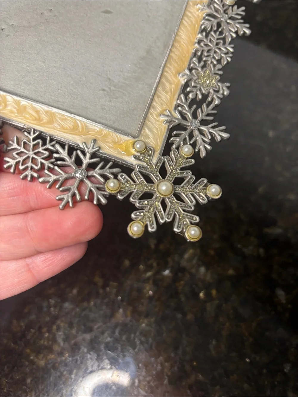 Vintage Ornate Pewter Snowflake Photo Frame w/Pearl and Rhinestone Accents